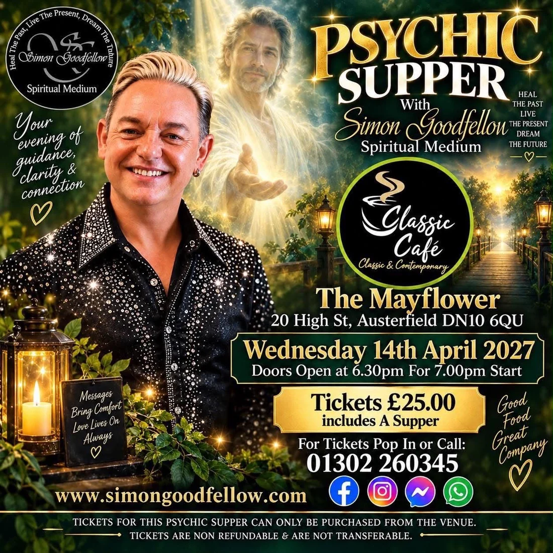 Poster for a Psychic Supper with spiritual medium Simon Goodfellow at The Mayflower, Wednesday 14th April 2027, doors 6.30pm for a 7pm start, tickets £25.00 including supper