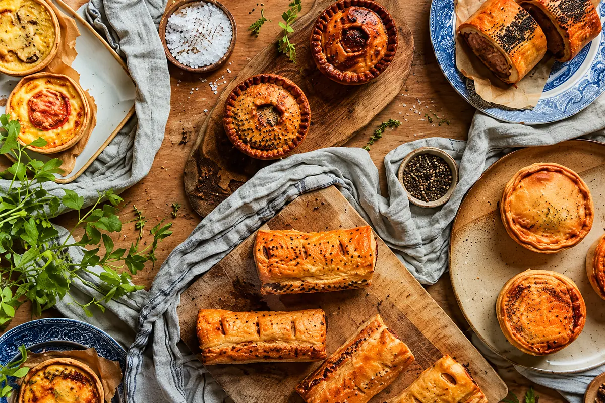 Pies, quiches and sausage rolls set out on a wooden board with linen, salt and peppercorns